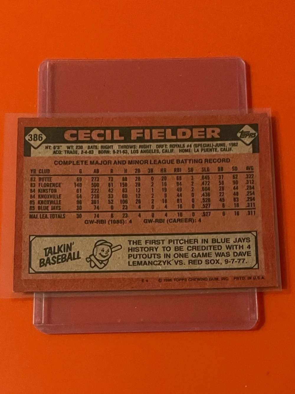 Cecil Fielder #386 [Rookie] 1986 Topps Baseball Trading Card